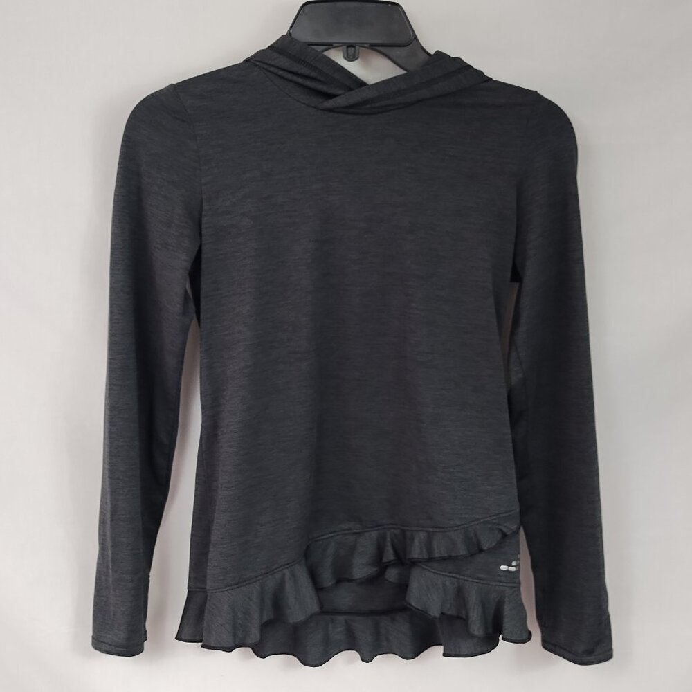 bcg Girls Black Heathered Sun Shirt with Ruffles, Thumbholes, and Hood Size L